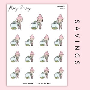 May include: A sheet of 16 stickers featuring a cartoon girl putting money into a jar. The stickers are designed for a planner and are labeled "SAVINGS" with the text "The Rose Life Planner" at the bottom.