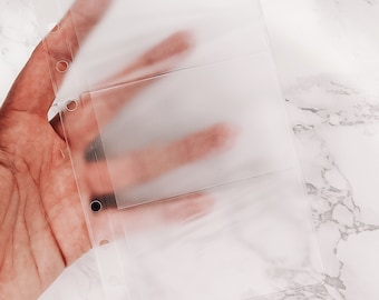May include: Clear plastic page protector with two pockets for holding papers or cards. The page protector has six holes for use in a binder.