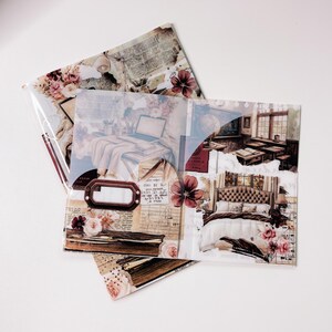Puede incluir: Dos hojas de papel decorativas con diseños de collage vintage. Las hojas presentan detalles florales, páginas de libros antiguos e ilustraciones de un dormitorio y un escritorio con un portátil. La paleta de colores incluye beige, marrón y burdeos.