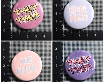 Colourful Pronoun Badges - 38mm (= 1.5 inch) badge - LGBT - Non-binary - Genderfluid - Agender - Transgender - Trans