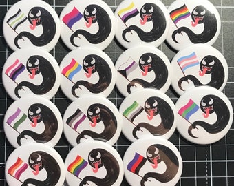 CLEARANCE , Venom Noodle Pride Badges , 38mm badge , 15 different Pride flags to choose from