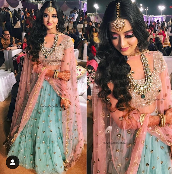blue and pink lengha