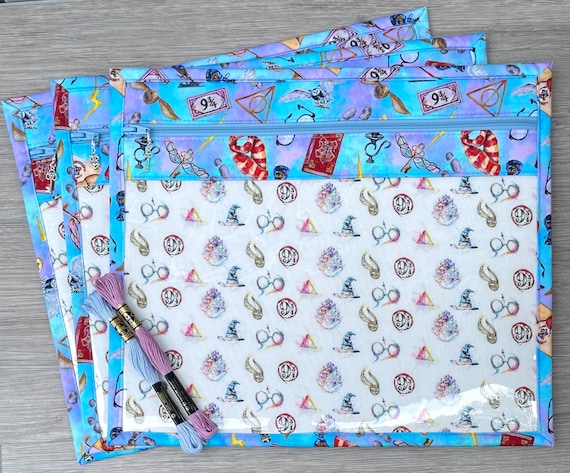 Project bag for cross stitch, needlepoint, embroidery, vinyl front storage bag, organizer