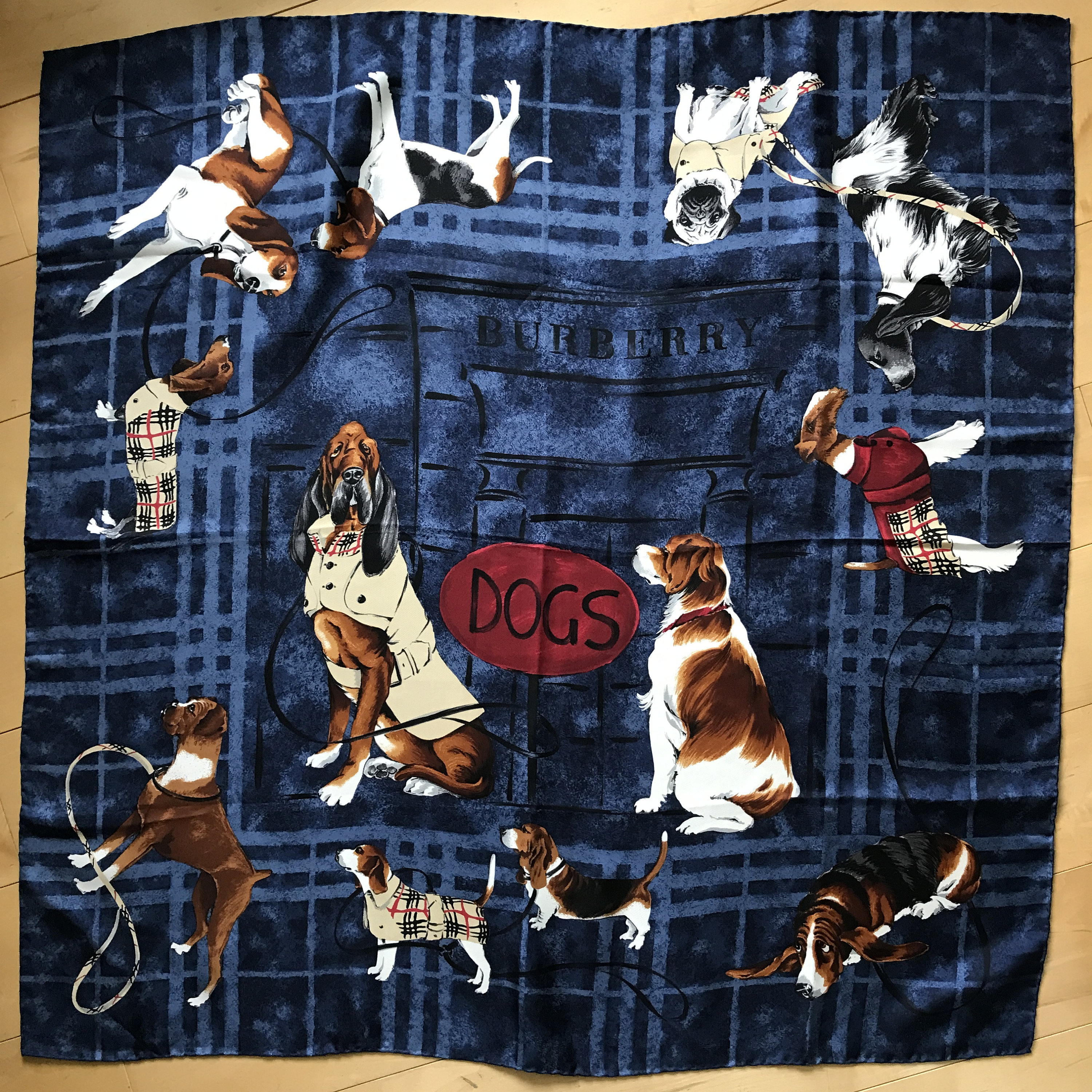 【売れ筋】 Vintage Burberry Etsy - Scarf Silk Dogs Blue Navy 小物