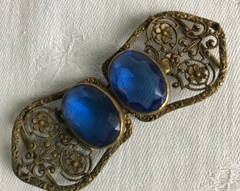 Art Nouveau Buckle Clasp with Filigree Work and Large Glass Blue Stones