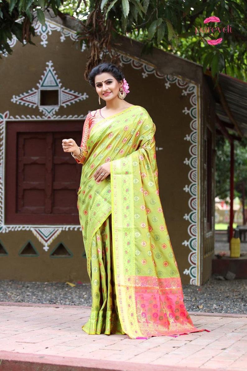 Wedding Banarsi silk Saree with embroidery Work Sari Traditional Indian Women Bridal Stitched Blouse saree Occasional Wear Party Wear sari
