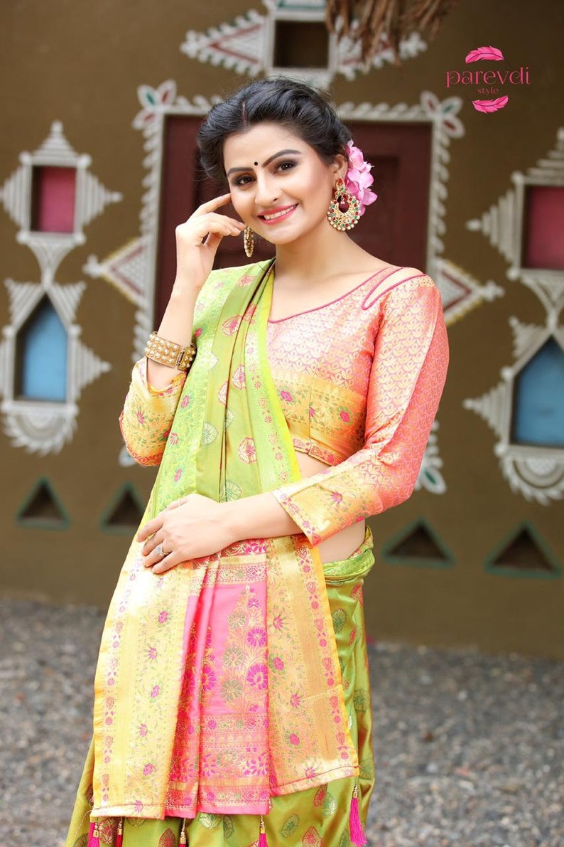 Wedding Banarsi silk Saree with embroidery Work Sari Traditional Indian Women Bridal Stitched Blouse saree Occasional Wear Party Wear sari