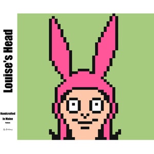 May include: A pixel art pattern of Louise Belcher from the animated TV show Bob's Burgers. Louise is wearing her signature pink bunny ears and hat. The pattern is on a green background.