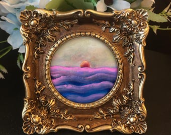 Original hand painted Sunrise Seascape Painting:framed Mini Art,Not Print