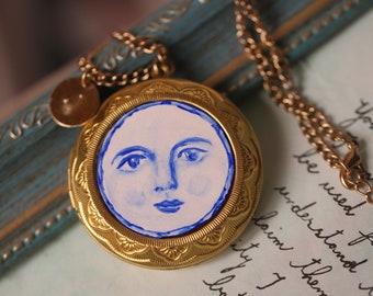 Originele handgeschilderde gezichtsmedaillonketting: blauw-witte lovertjesoog-sieraden