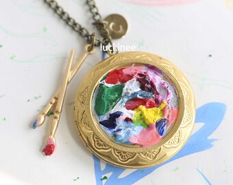 Paint palette locket necklace with photo,Custom initial disc palette necklace,personalized initial Artist necklace,Art Palette, Paint Board