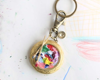 Paint palette locket keychain with photo,Custom initial locket keyring,personalized initial Artist  locket keychain,Art Palette, Paint Board