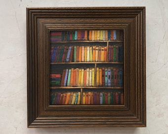 Hand Painted Bookshelf Mini Wall Art - Framed Original Painting.Not print