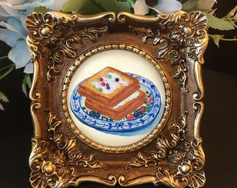 Original hand painted 3D Toast Art,Food Painting,Framed Mini art,Still Life.Not print