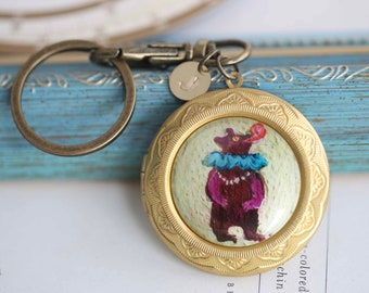 circus cute bear glass dome locket keychain with photo,family keyring,personalized initial circus bear art illustration locket keychain