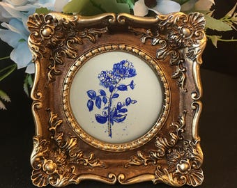 Original Hand painted blue and white flower painting,framed mini floral art,sketch artwork