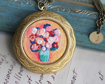 Hand painted Flower art locket necklace with photo,Custom initial disc flower necklace,personalized flower jewelry
