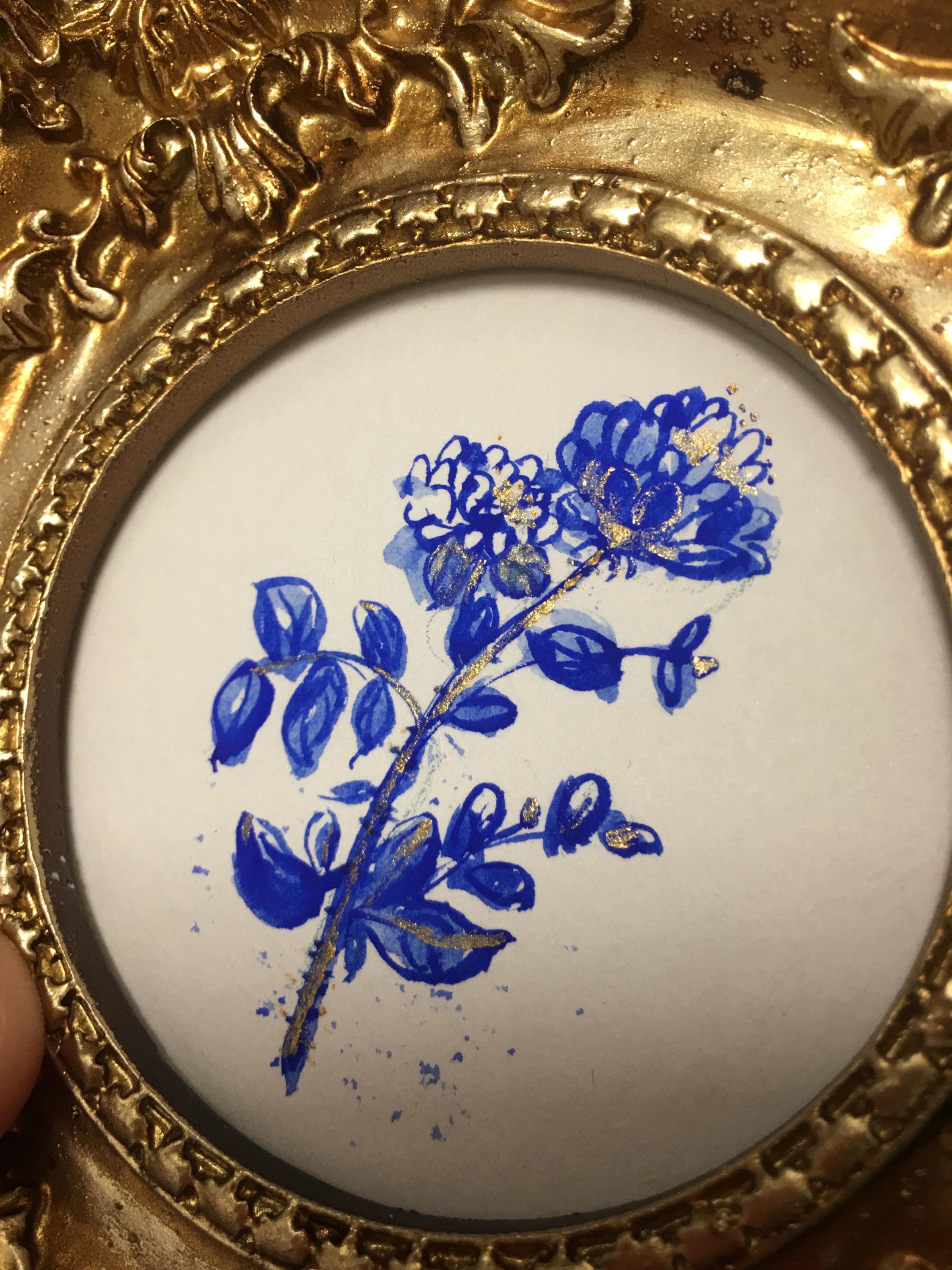 Original Handpainted blue and white flower art,Small Wall Art,Mini Painting,framed mini art,floral,small Framed painting,blue sketch artwork