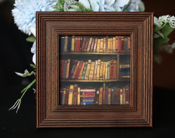 Original Hand Painted Bookshelf Mini Wall Art,wood Framed Small book Painting