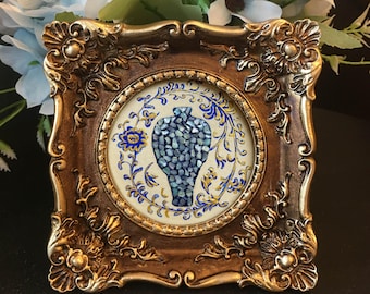 Original Handpainted Blue and White Porcelain Vase flower Framed Art: Chinese Inspired. NOT print