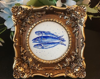 Original Hand Painted Sardines Mini Art: Blue & White Framed Fish Painting.Not print