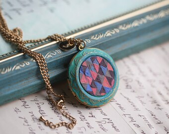 Hand painted triangle pattern art locket necklace with photo,ceramic tile floor tile design inspired,Custom initial necklace,personalized