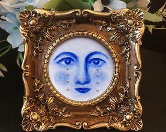 Original Hand Painted Lover's Eye Mini Art: Framed blue and white,Not print