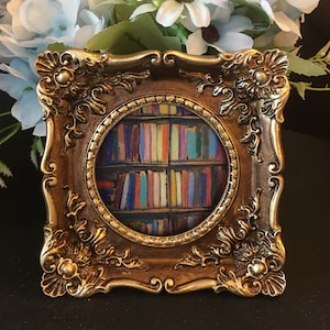 Original Hand painted framed bookshelf art,book Mini Wall Art,book Mini Painting,bookshelf wall art,gift,small Framed paint,reading book art