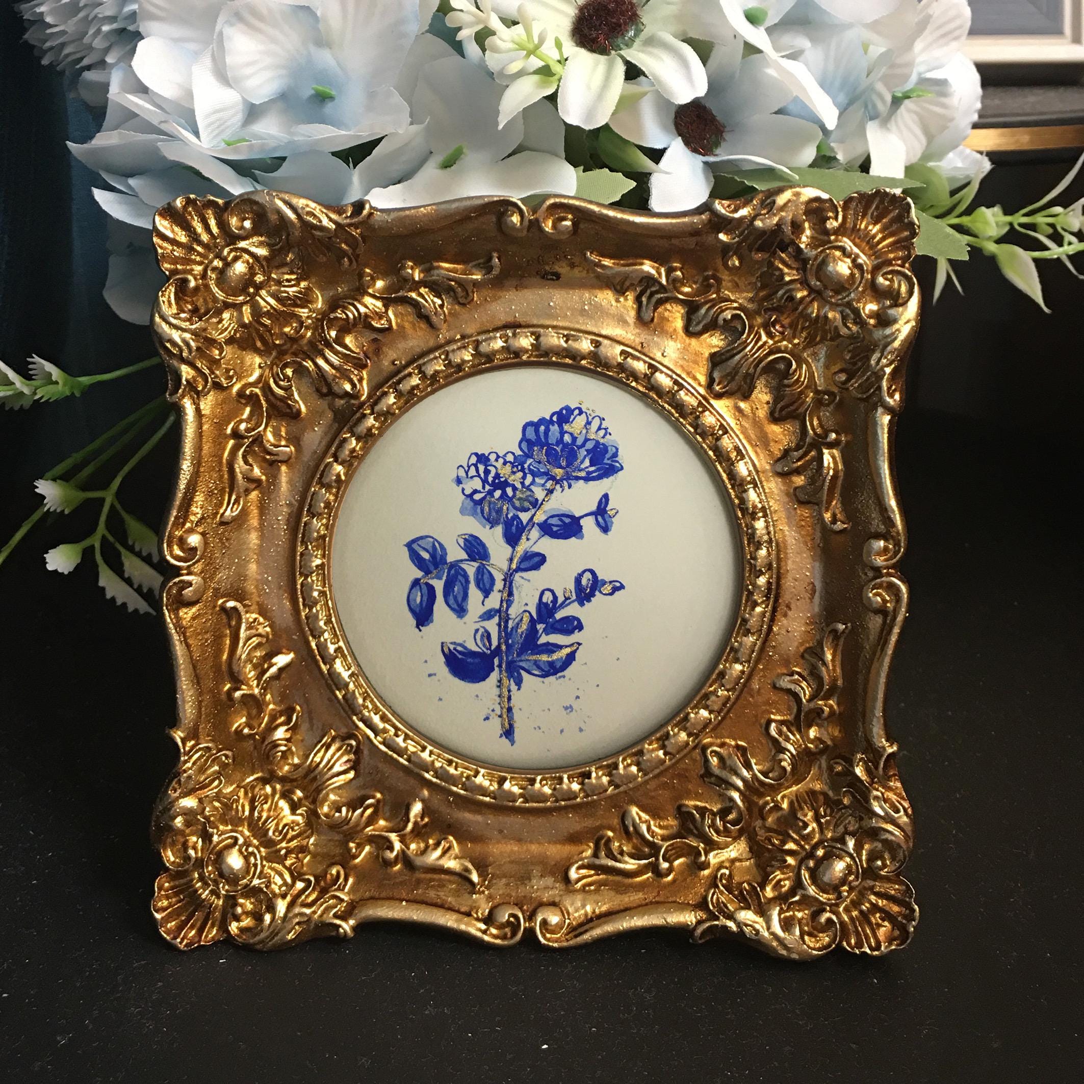 Original Handpainted blue and white flower art,Small Wall Art,Mini Painting,framed mini art,floral,small Framed painting,blue sketch artwork