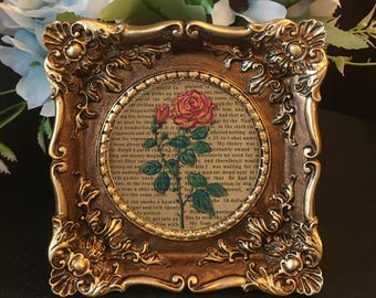 Original Hand Painted Rose Newspaper Art :Framed floral Mini Painting.NOT print