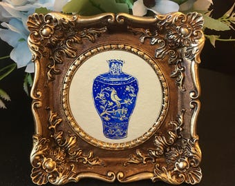 Original Handpainted Blue and White Porcelain Vase Framed Art: Chinese Inspired.NOT print