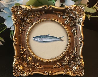 Original Hand Painted Sardines Fish Art: Small Framed Sparkly Painting,sketch gift.NOT print