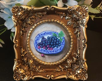 Original Hand Painted Grape Mini Painting: Framed Still Life Art,wall decor.Not print