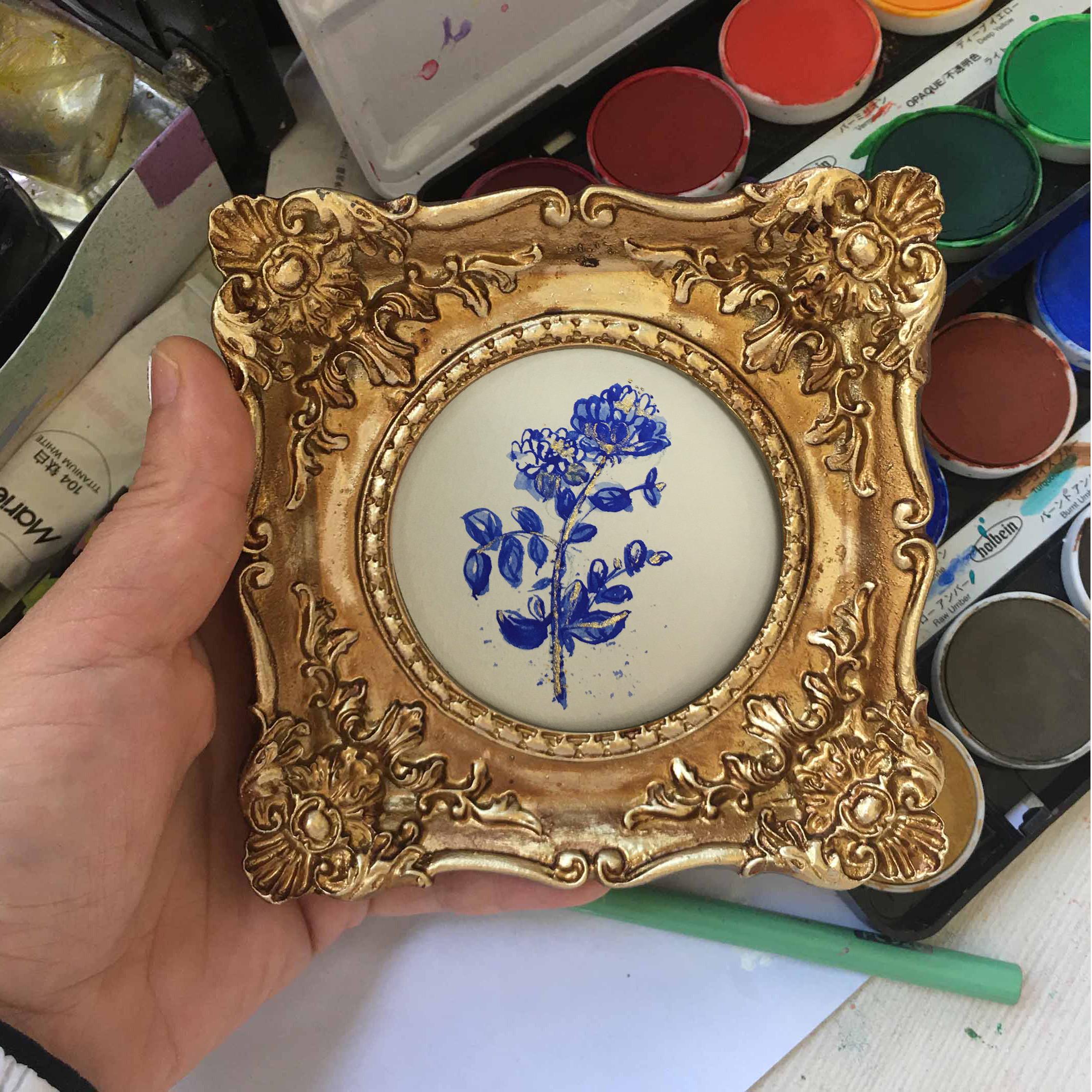 Original Handpainted blue and white flower art,Small Wall Art,Mini Painting,framed mini art,floral,small Framed painting,blue sketch artwork