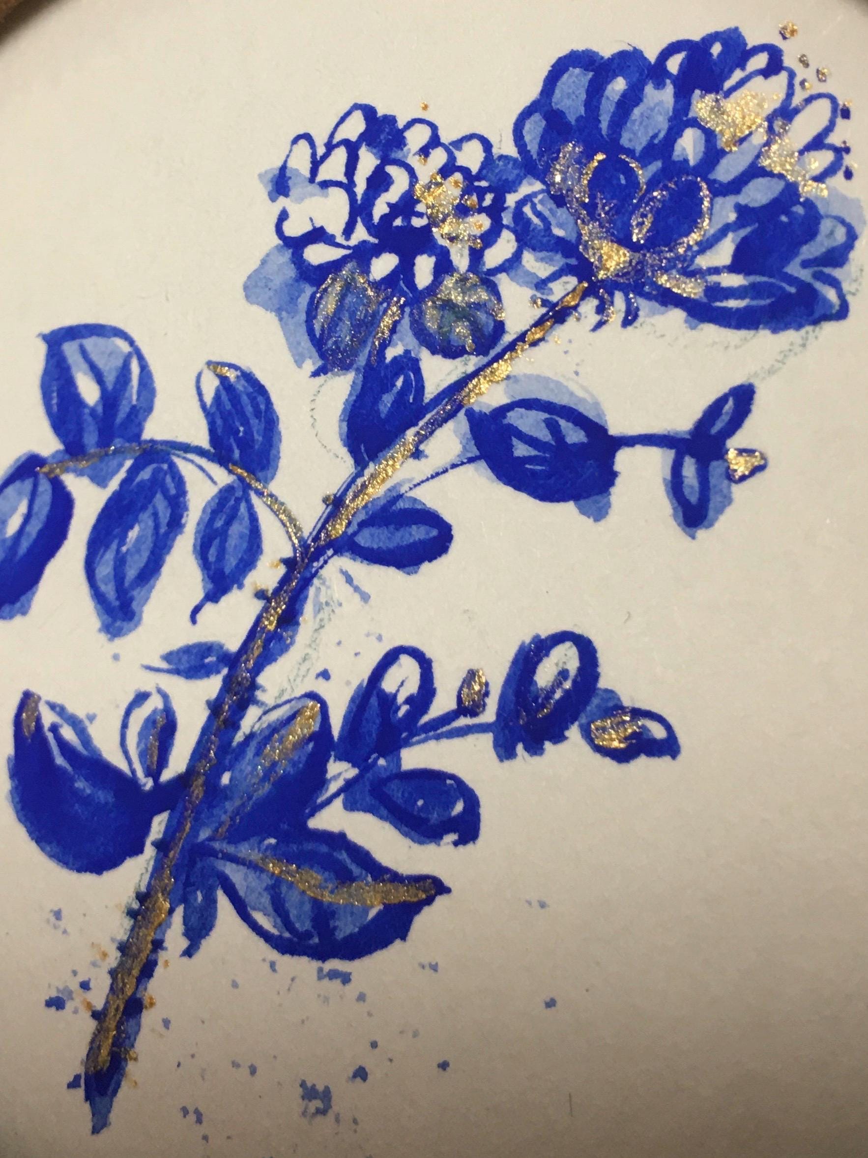 Original Handpainted blue and white flower art,Small Wall Art,Mini Painting,framed mini art,floral,small Framed painting,blue sketch artwork