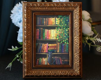 Original Hand painted cat bookshelf art,framed book leaf Mini Painting.NOT print