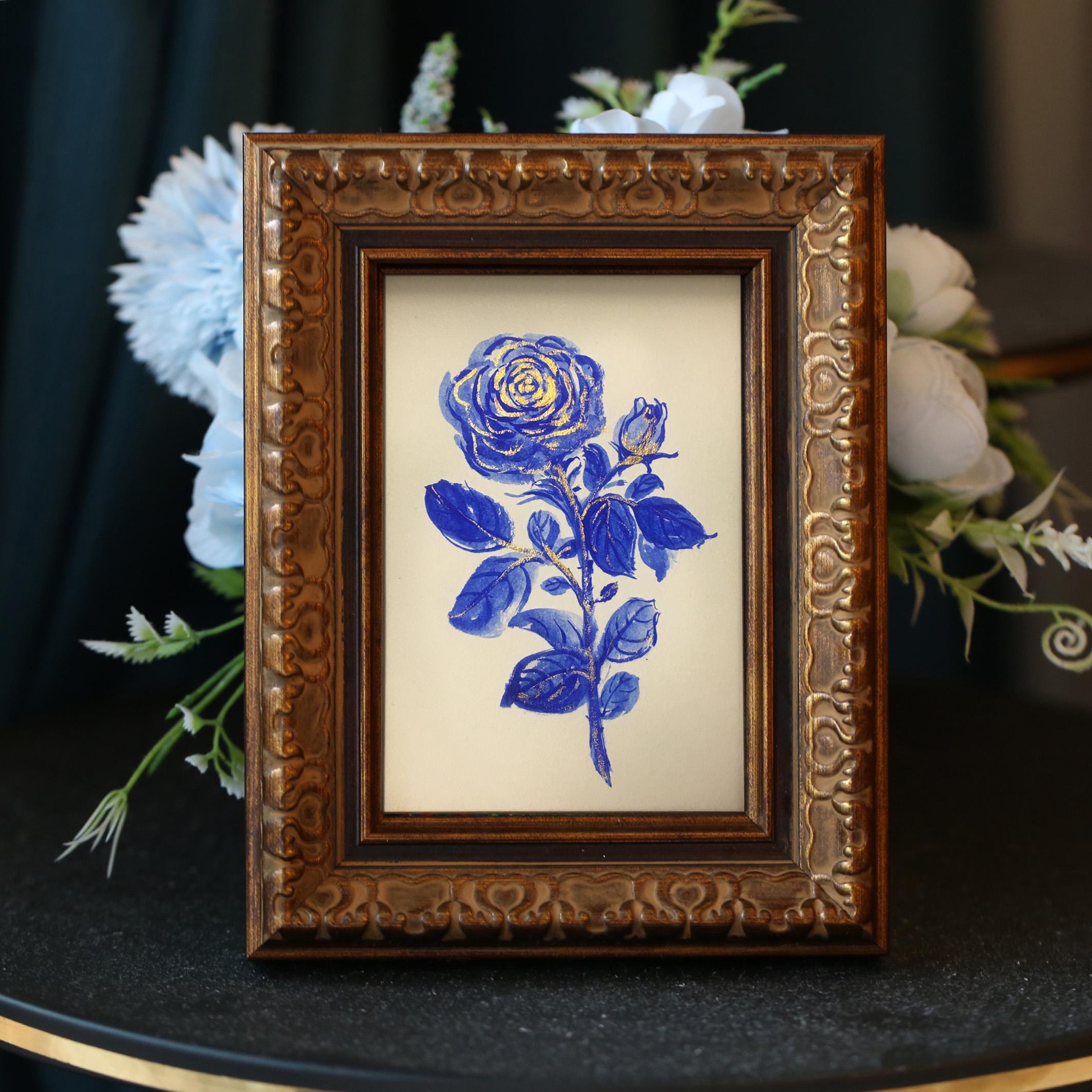 画材 BLUE ROSE Original Hand-painted Blue Rose Mini Art: Framed Floral Painting