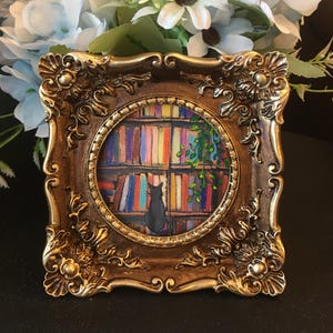 Original Hand painted black cat bookshelf painting,framed book Mini Wall Art