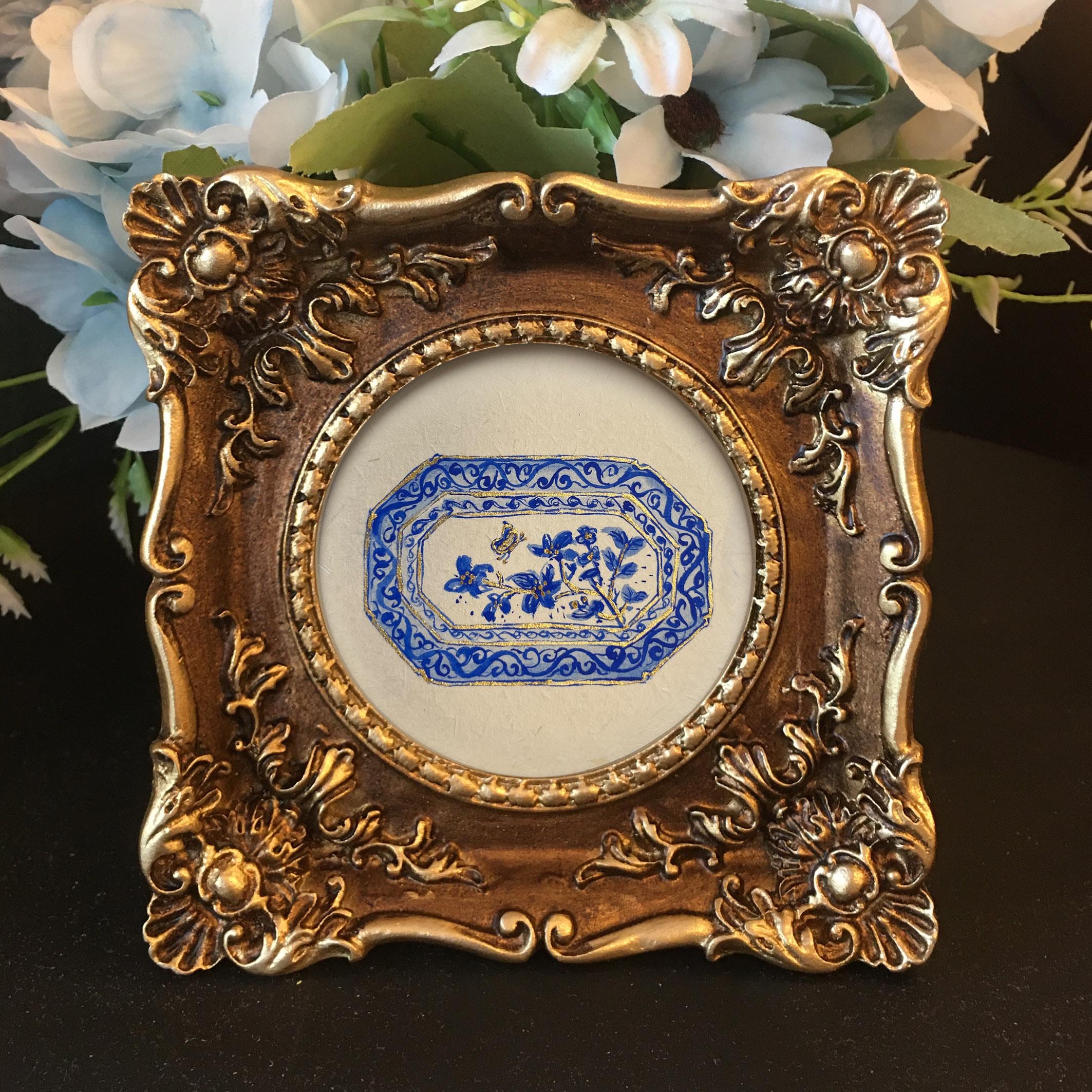 Original Hand painted Blue and white porcelain plate small framed art,Chinese porcelain inspired,butterfly,flower painting