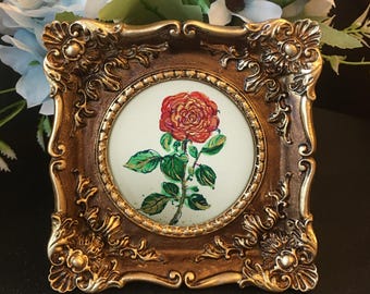 Original Hand Painted Golden Rose Art: Framed Mini Floral Painting.Not print