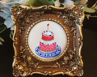 Original Hand Painted 3D Birthday Cake Mini Art: Framed Small Painting,pink cake