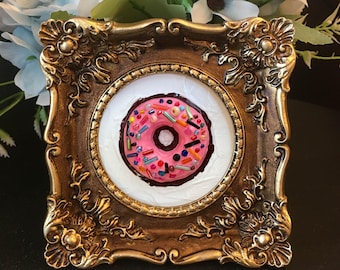 Original Hand-Painted 3D pink Donut Art: Framed Mini Food Painting.Not print