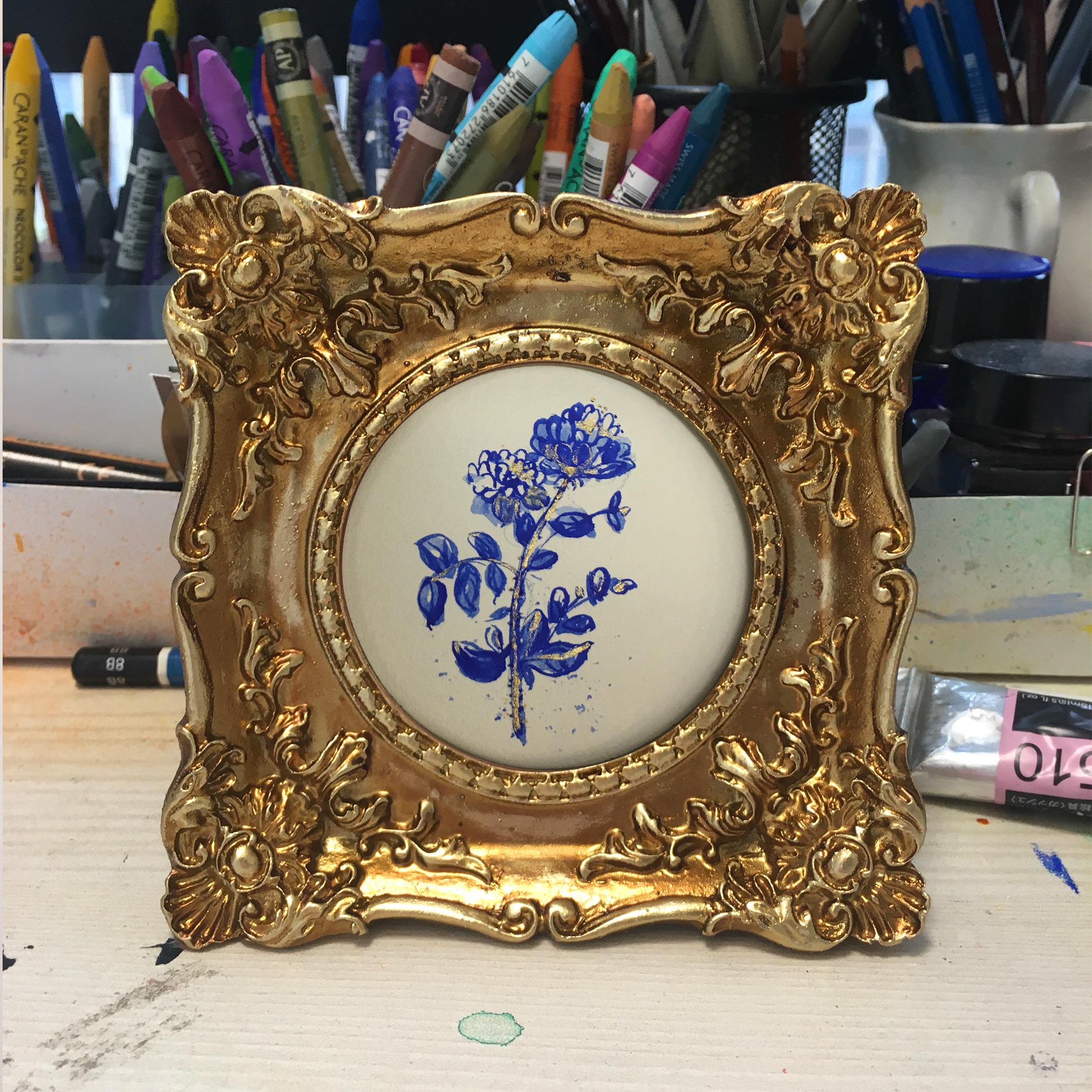 Original Handpainted blue and white flower art,Small Wall Art,Mini Painting,framed mini art,floral,small Framed painting,blue sketch artwork