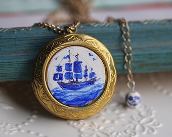 Original Hand painted Boat Locket Necklace: Vintage Inspired Ship Design, Custom Initial