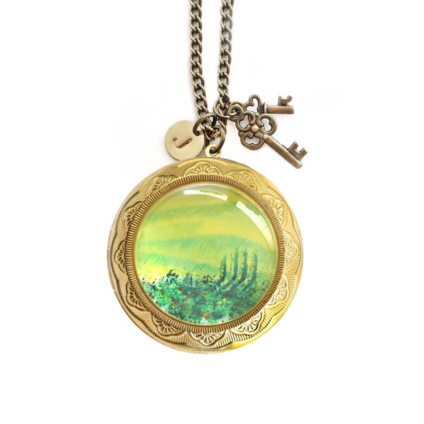 Tree field landscape glass dome art illustration locket necklace with photo,Custom tree landscape necklace,personalized initial tree jewelry