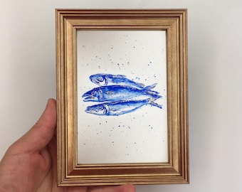 Original Hand Painted Sardines Mini Art: Framed still life art,blue and white