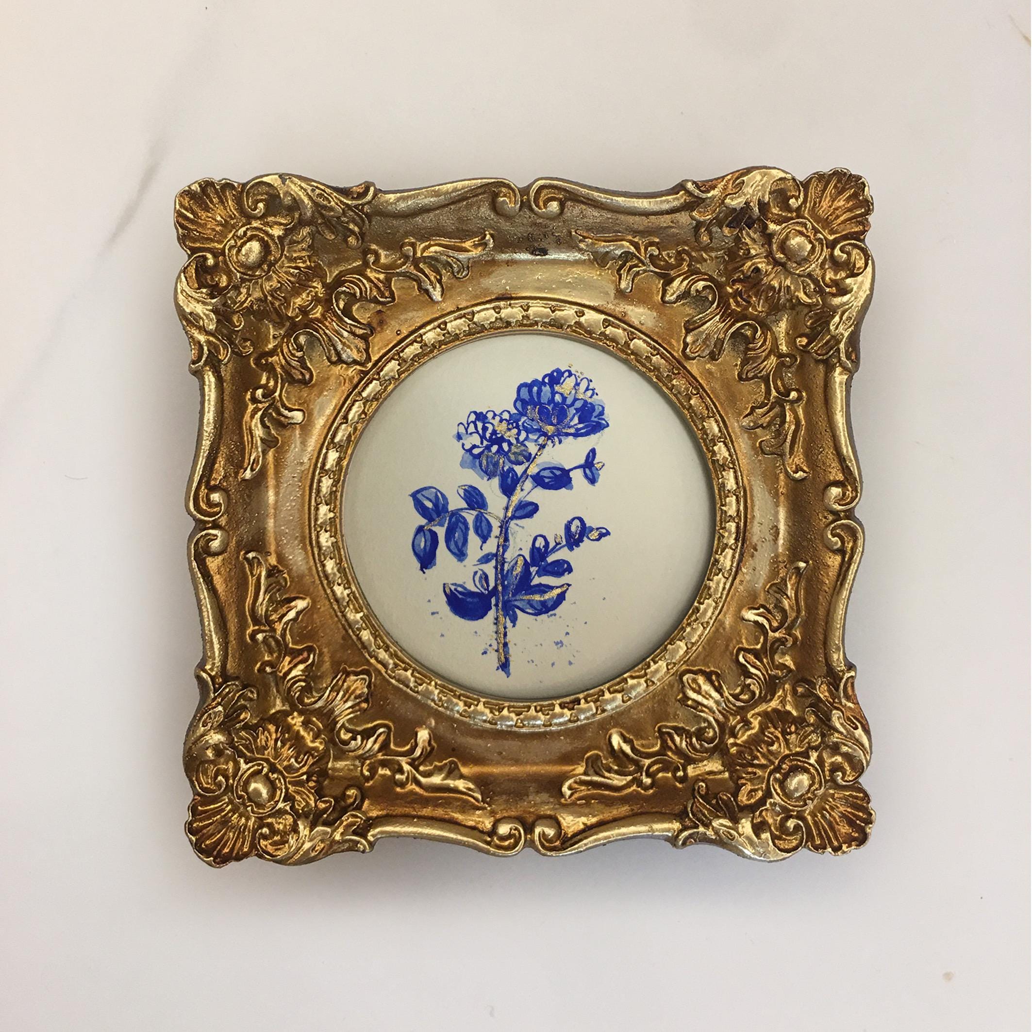Original Handpainted blue and white flower art,Small Wall Art,Mini Painting,framed mini art,floral,small Framed painting,blue sketch artwork