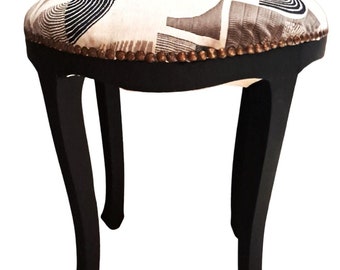 Klavierhocker aus schwarzem Holz, Art Deco Restaurationspolsterung 1940 / Beistellmöbel aus Holz / Wohnzimmer-Veranda-Dekoration / Stoffpolsterung