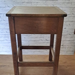1940s stained brown wooden stool / occasional furniture for kitchen, workshop, veranda decoration / square solid wood stool with compartment