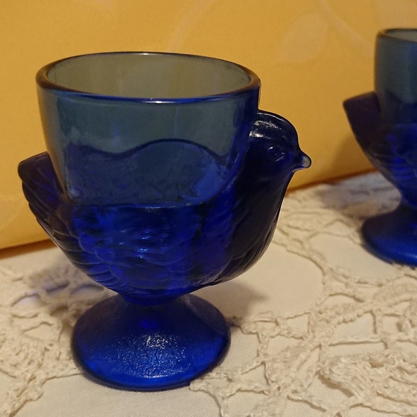 Coquetier Bleu Verre FRANCE 60'S / art de la table / Art populaire / Decoration cuisine vintage / 5 coquetiers en verre Bleu forme de poule